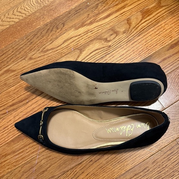 Sam Edelman Women sz 9 Suede Nori Pointed Ballet Flats black gold buckle office - Picture 6 of 11